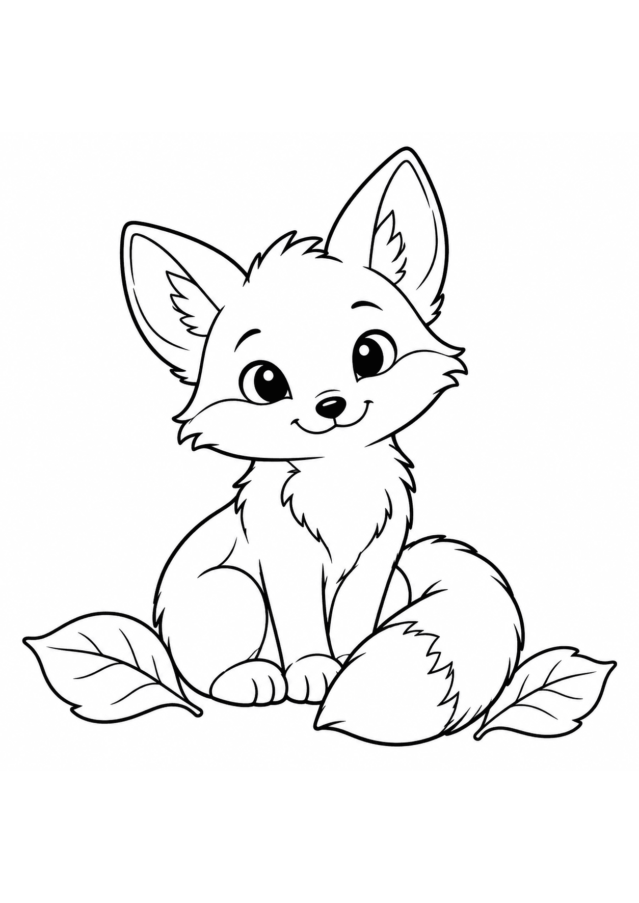 Easy woodland coloring page of a fox cub sitting beside two broad leaves