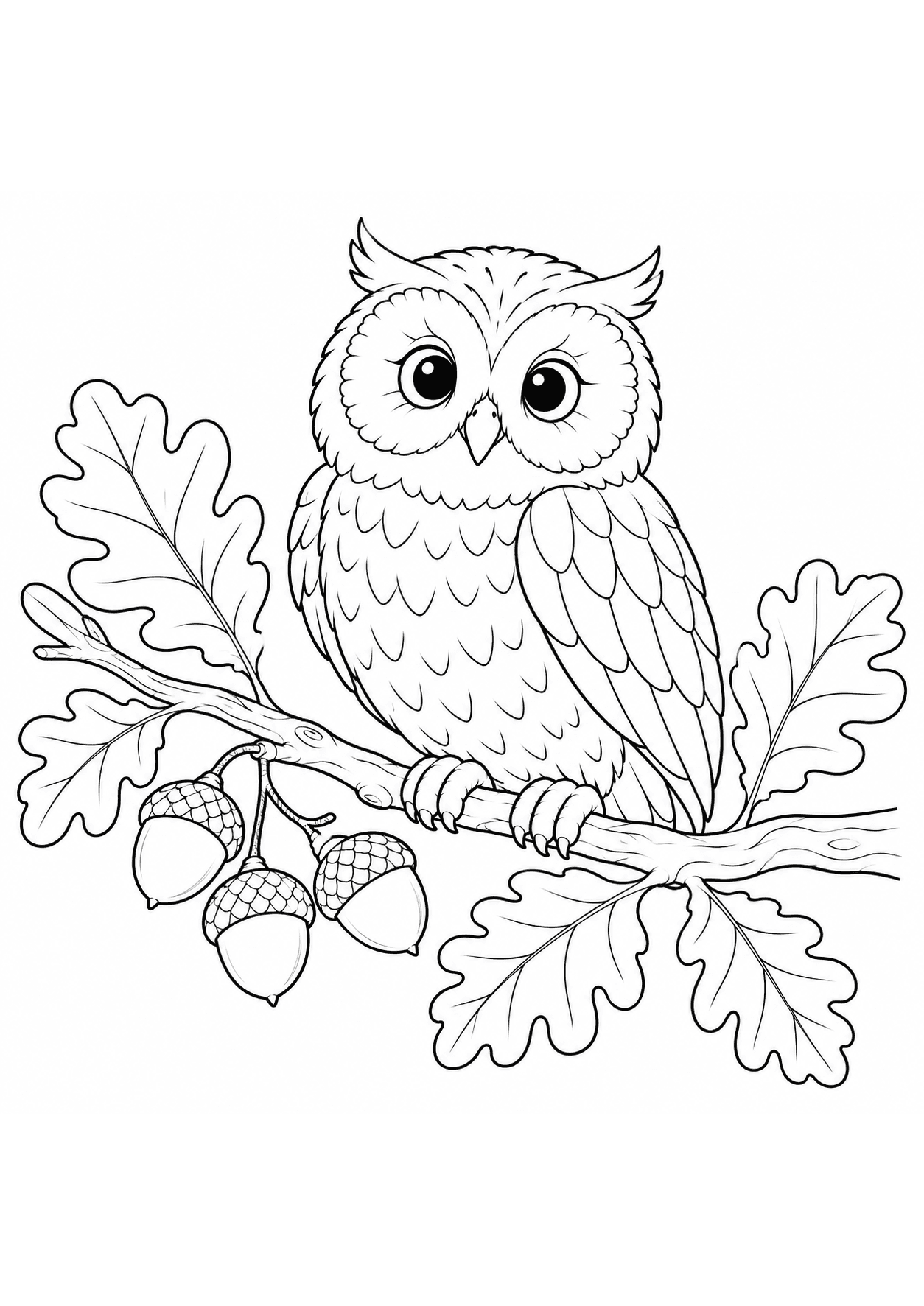 Woodland coloring page of an owl perched on an oak branch with acorns