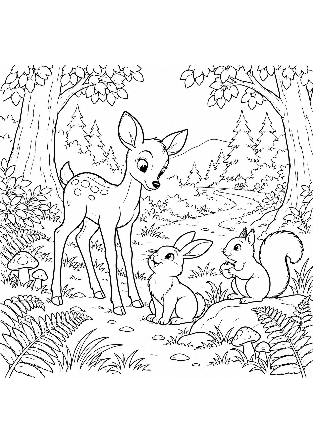 Deer, rabbit and squirrel in a forest clearing