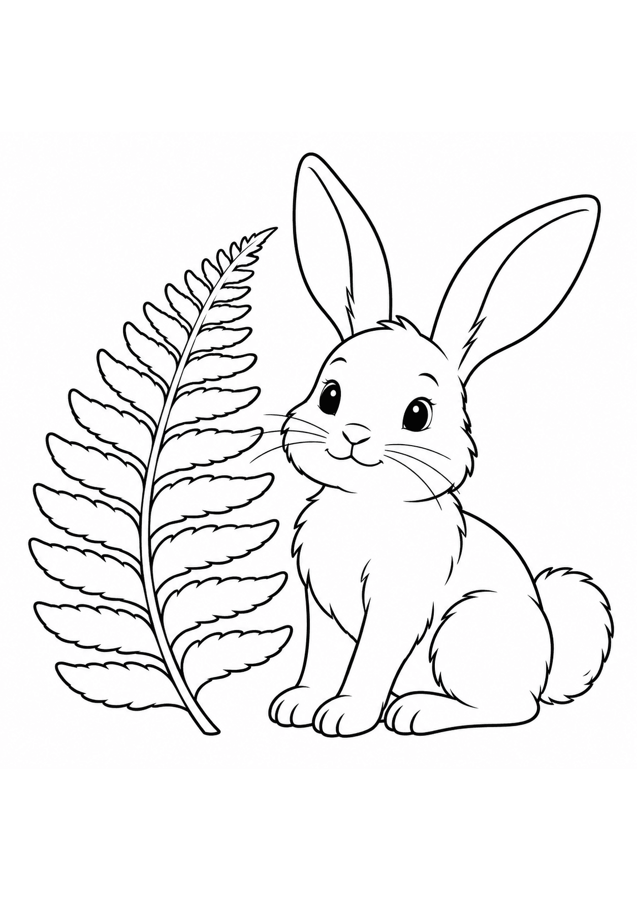 Easy woodland coloring page of a rabbit beside a fern