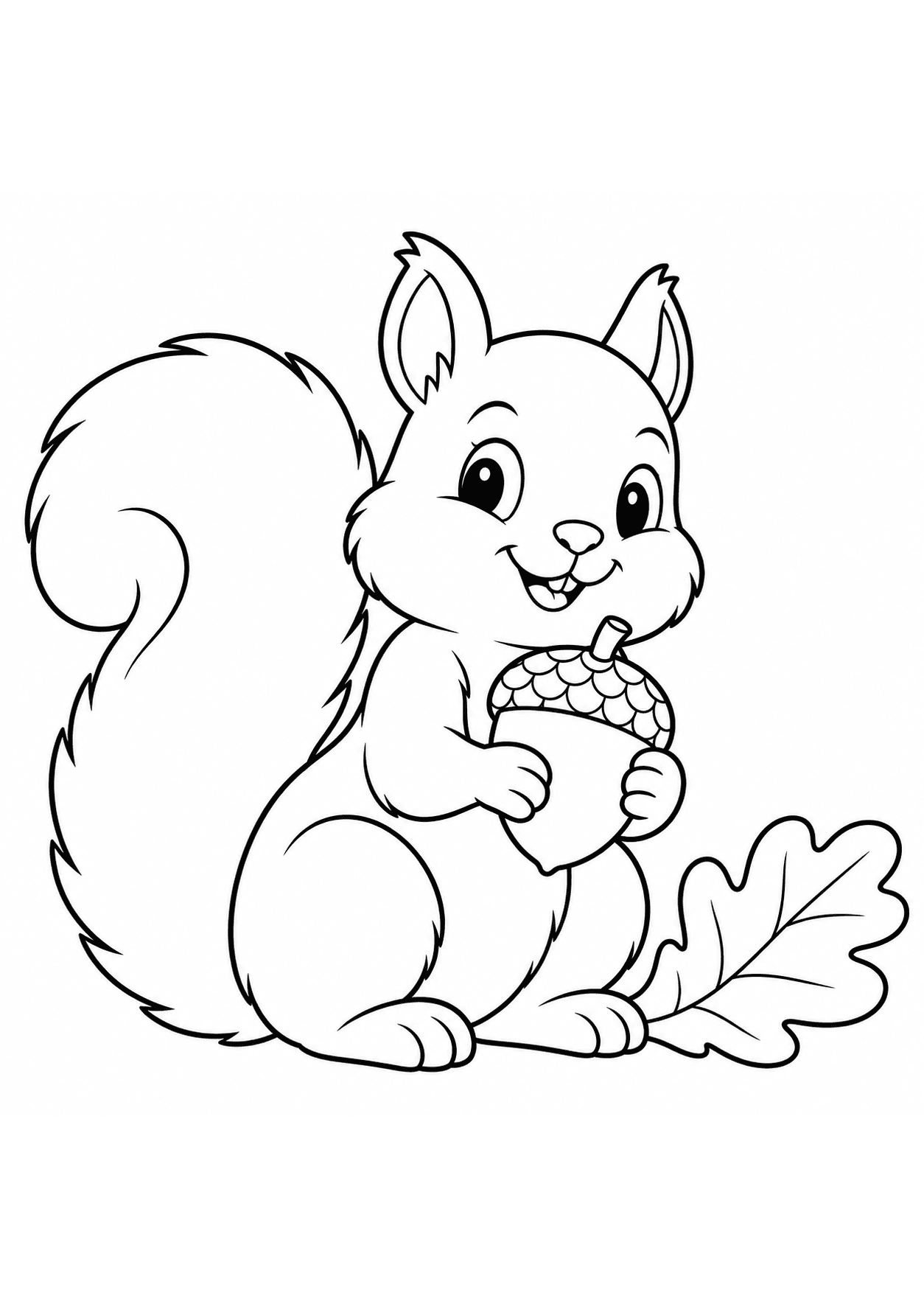 Easy woodland coloring page of a squirrel holding an acorn