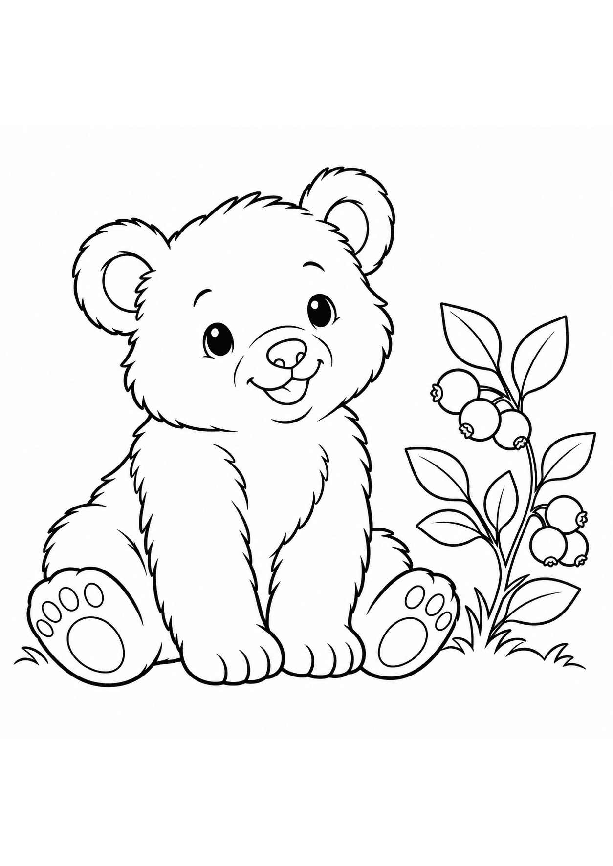 Easy woodland coloring page of a bear cub beside berries