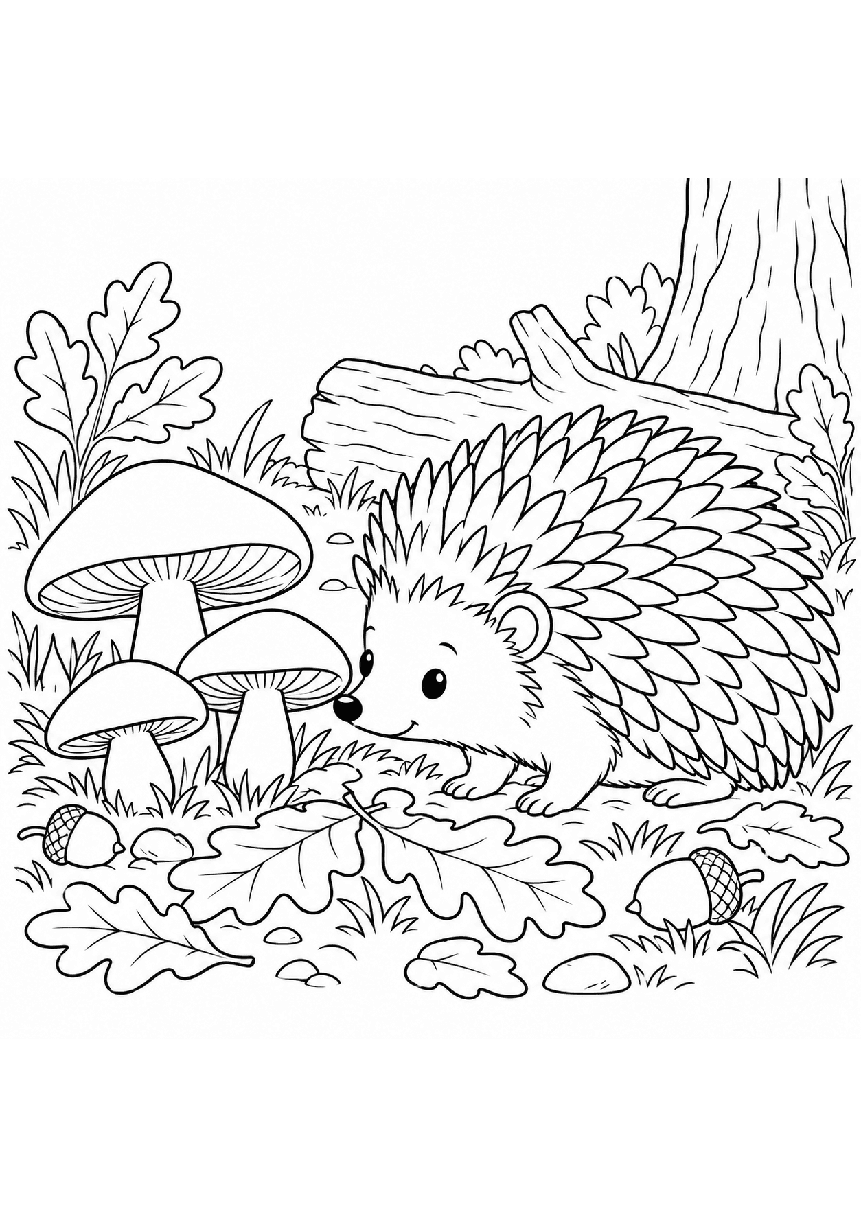 Woodland coloring page of a hedgehog exploring mushrooms and leaves