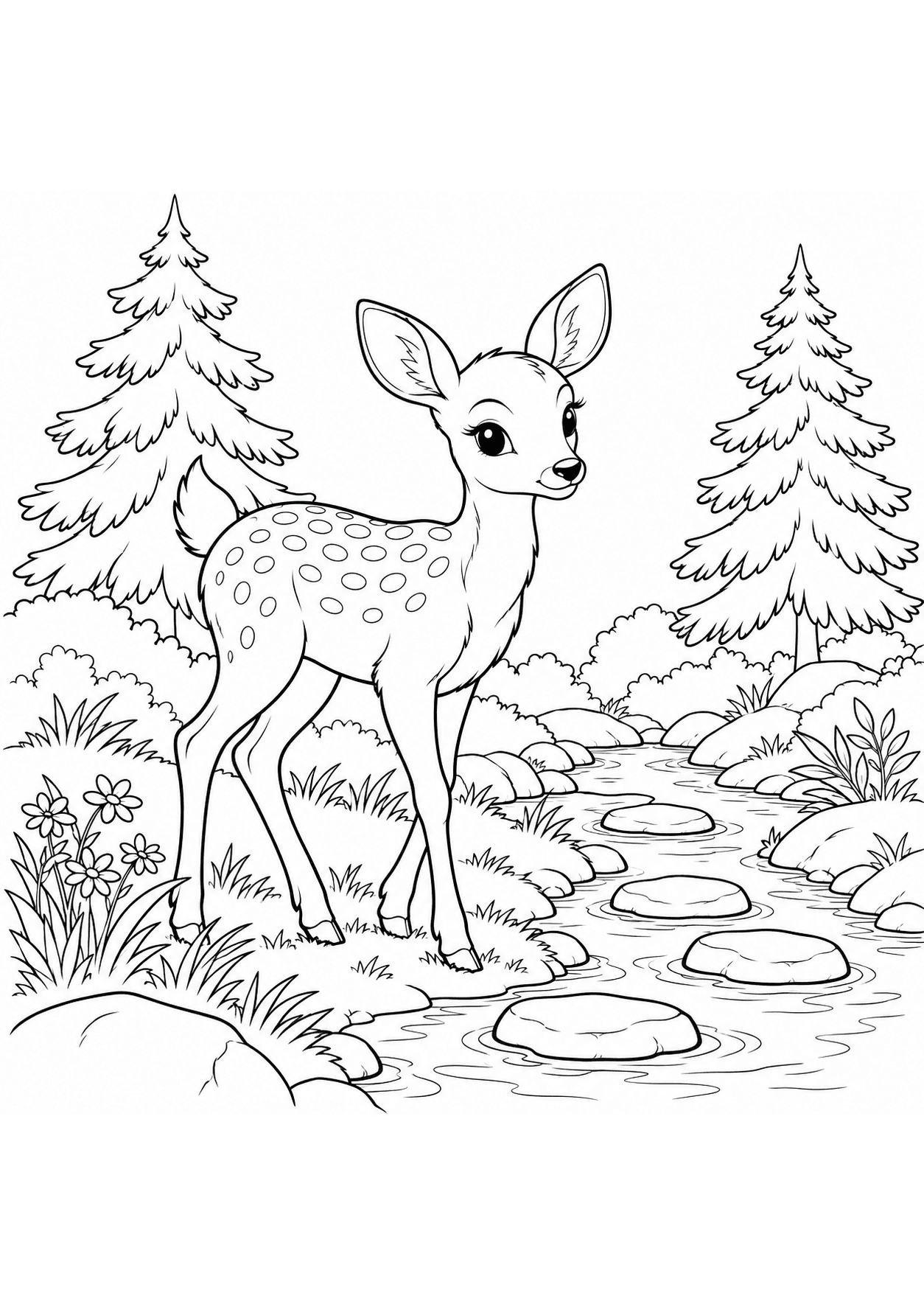 Woodland coloring page of a young deer beside a forest stream