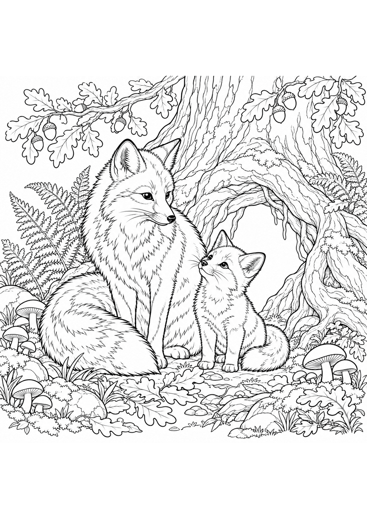 Detailed woodland coloring page of foxes beside a tree-root den