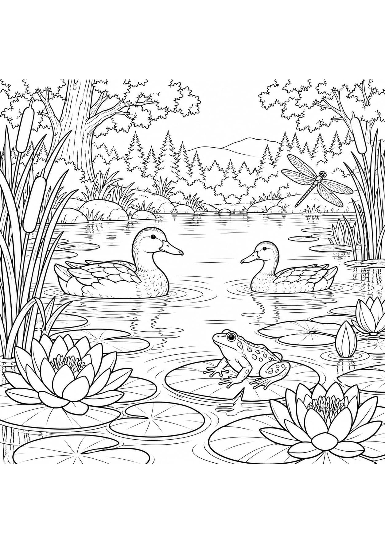 Detailed woodland coloring page of ducks, a frog and a dragonfly at a forest pond