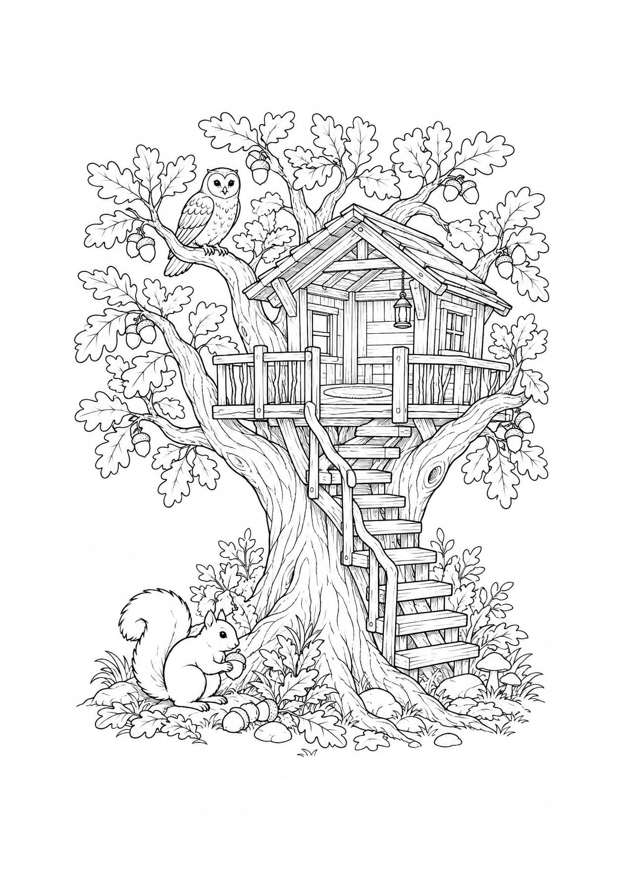 Woodland treehouse with an owl and squirrel