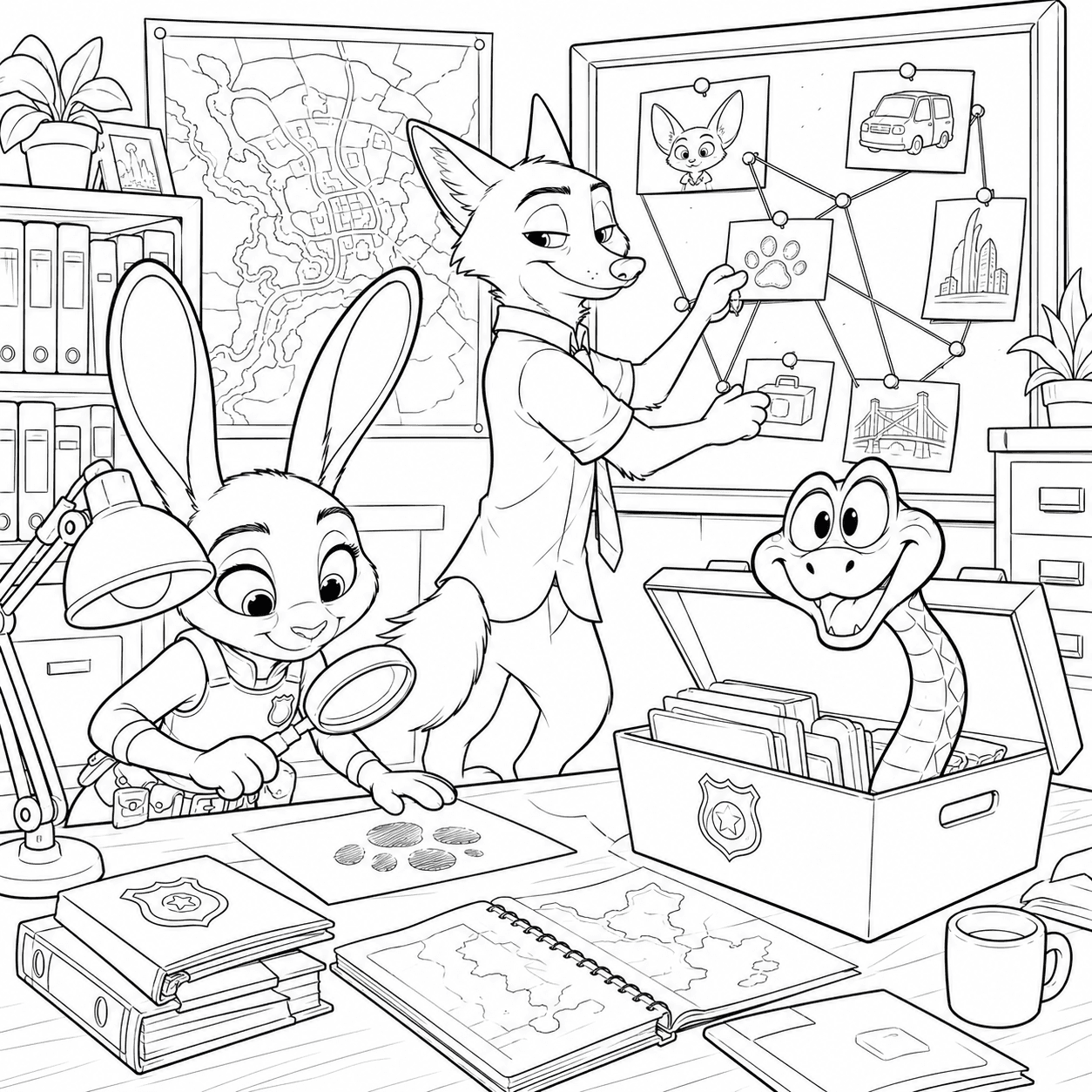 Free printable Zootopia 2 coloring page with Judy Hopps, Nick Wilde and Gary De’Snake investigating a police case