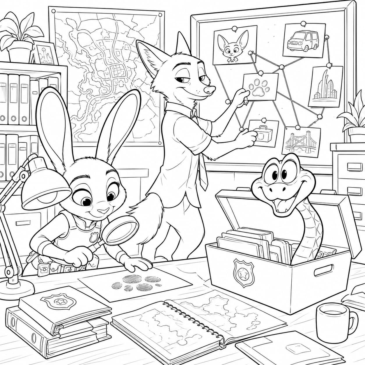 Free printable Zootopia 2 coloring page with Judy Hopps, Nick Wilde and Gary De’Snake investigating a police case