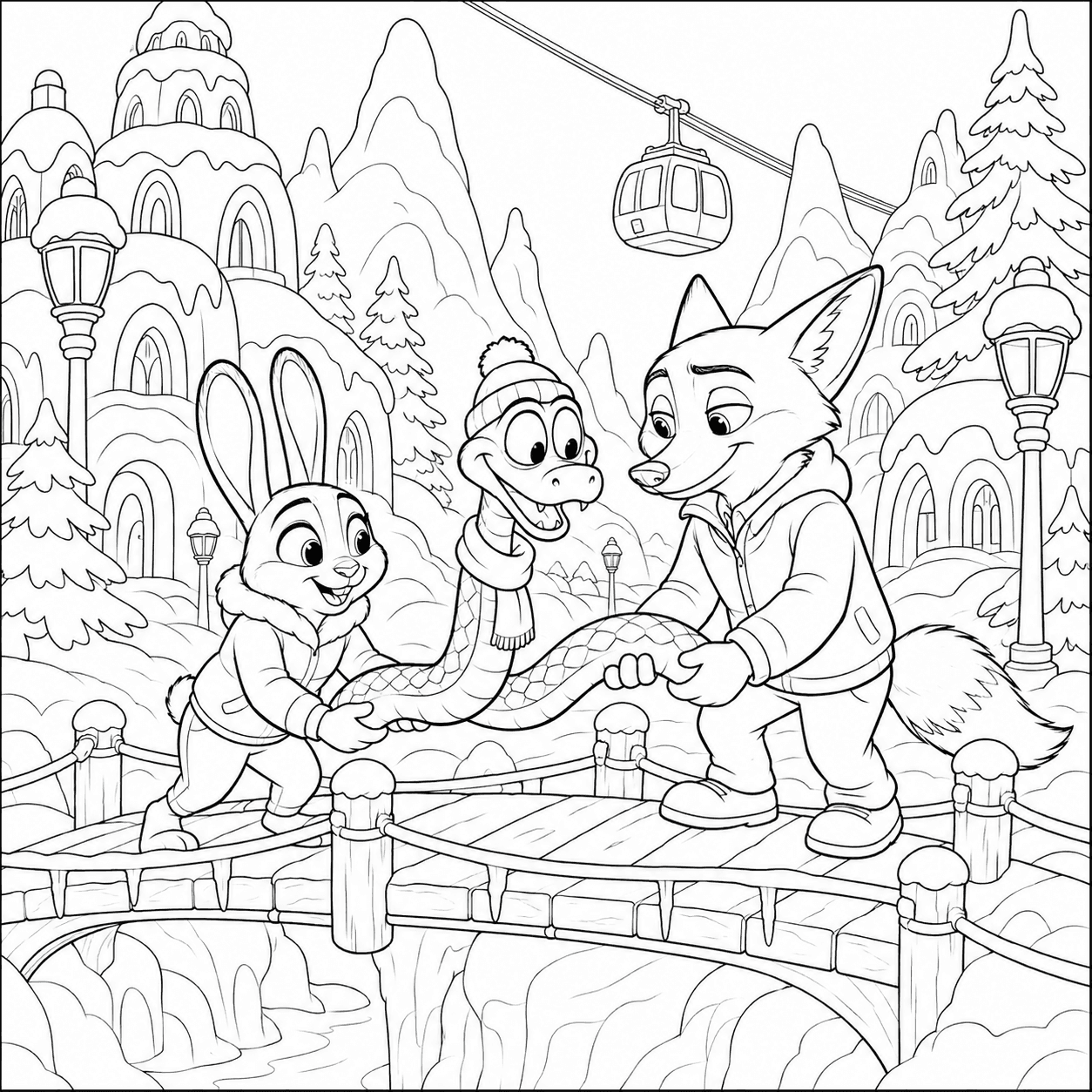 Zootopia 2 coloring page of Judy Hopps and Nick Wilde rescuing Gary De’Snake on a snowy bridge