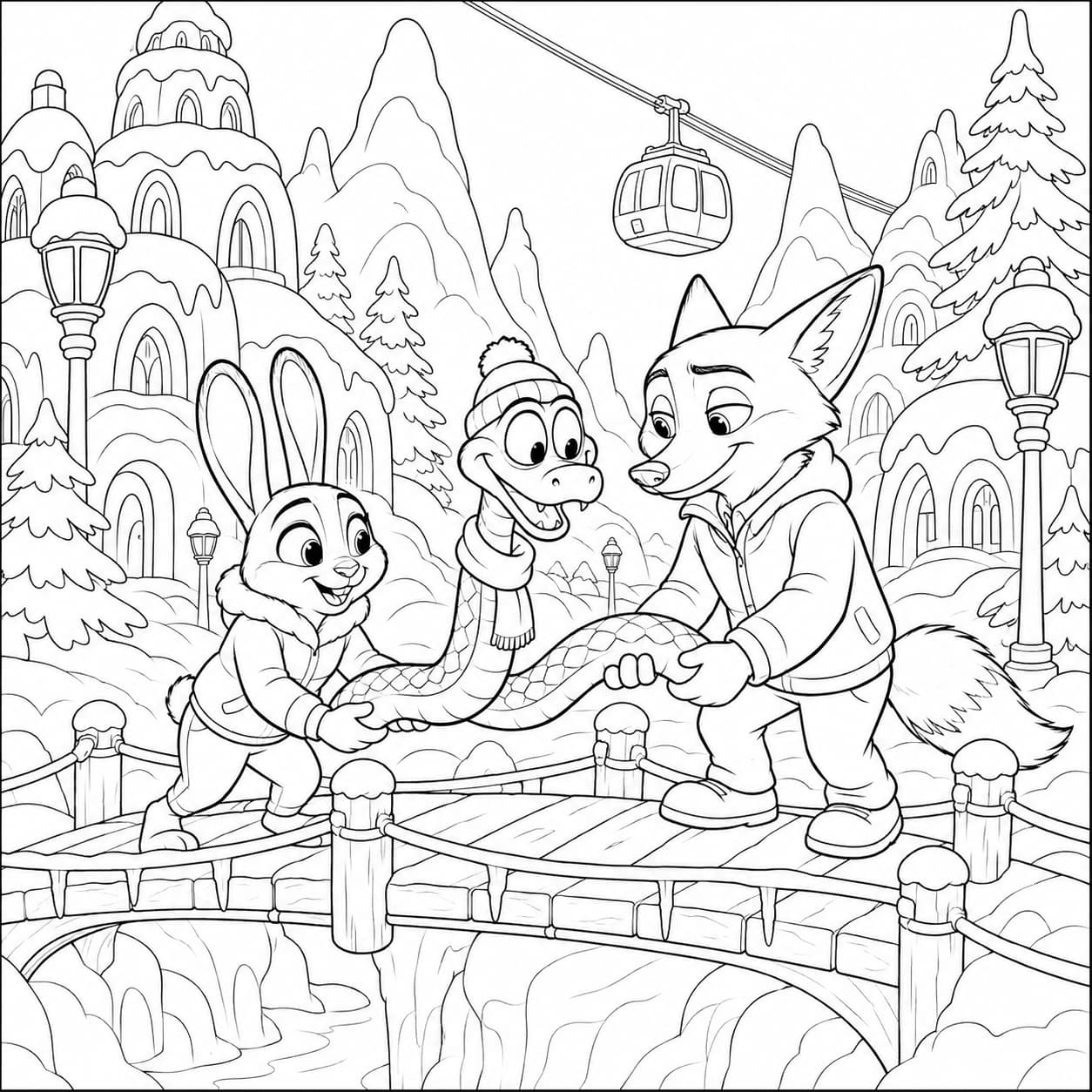 Zootopia 2 coloring page of Judy Hopps and Nick Wilde rescuing Gary De’Snake on a snowy bridge