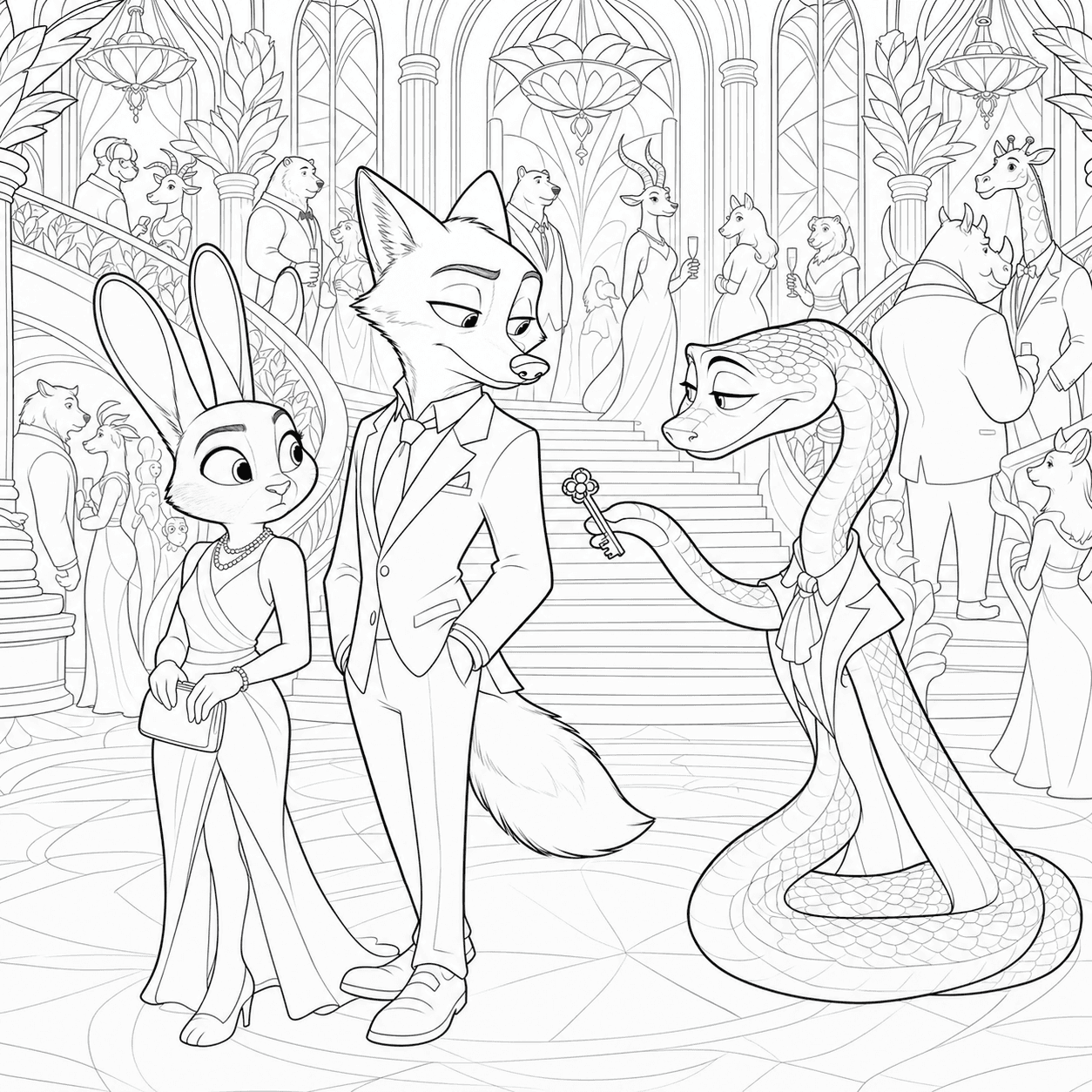 Free printable Zootopia 2 coloring page with Judy Hopps, Nick Wilde and Gary De’Snake at a formal gala