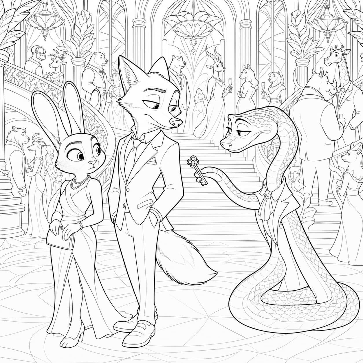 Free printable Zootopia 2 coloring page with Judy Hopps, Nick Wilde and Gary De’Snake at a formal gala