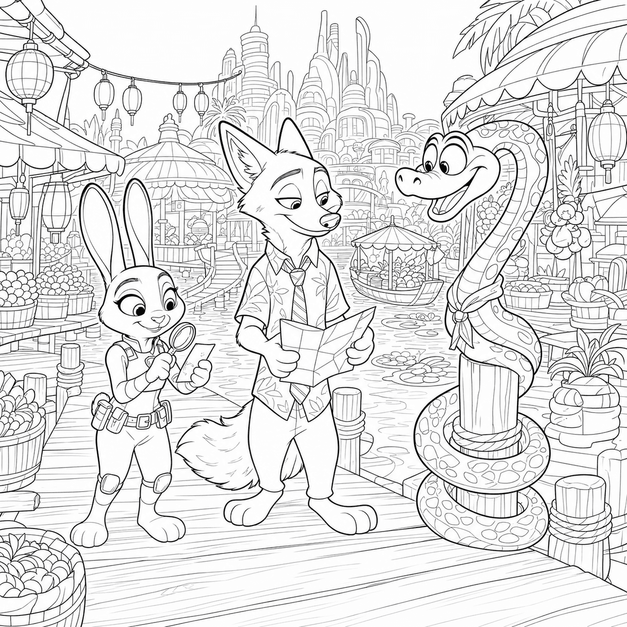 Zootopia 2 coloring page of Judy Hopps and Nick Wilde searching Marsh Market with Gary De’Snake