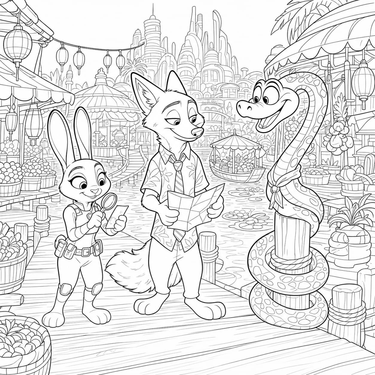 Zootopia 2 coloring page of Judy Hopps and Nick Wilde searching Marsh Market with Gary De’Snake