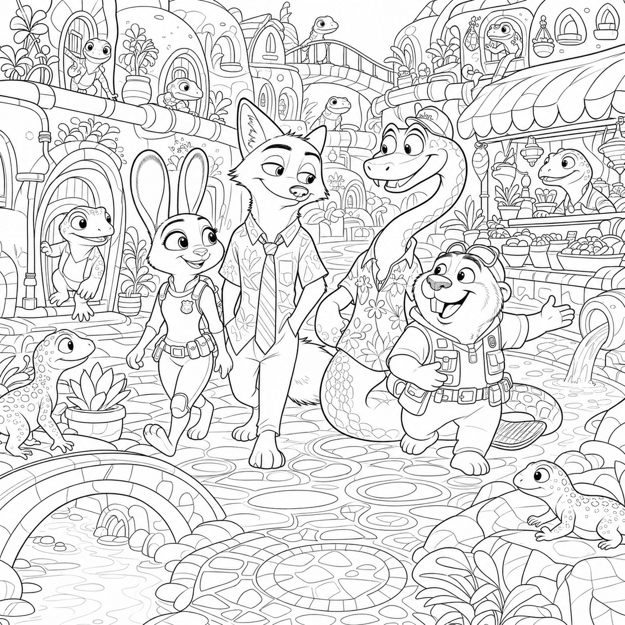 Free printable Zootopia 2 coloring page featuring Judy Hopps, Nick Wilde, Gary De’Snake and Nibbles Maplestick in the reptile district