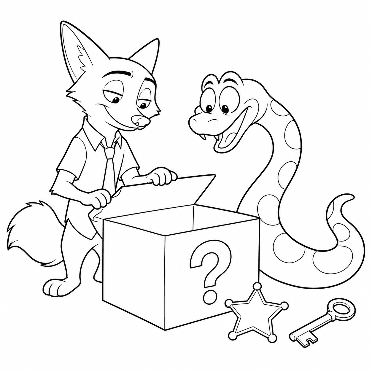 Easy Zootopia 2 coloring page of Nick Wilde and Gary De’Snake opening a mystery box with a police badge and key