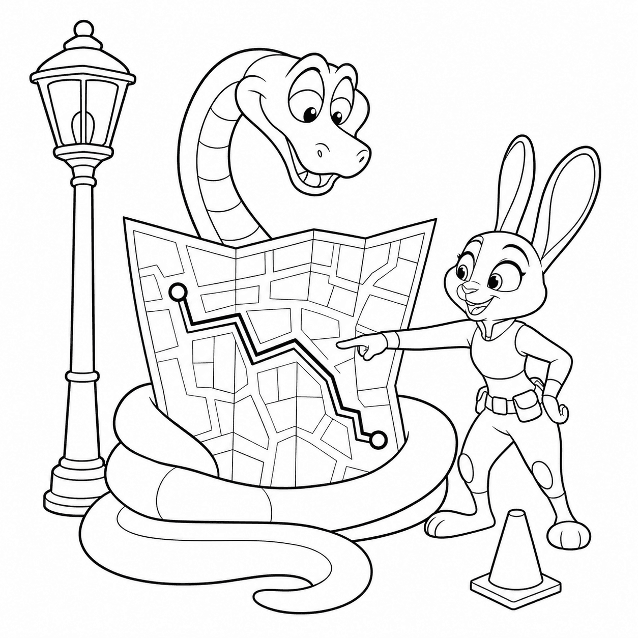Free printable Zootopia 2 coloring page of Judy Hopps and Gary De’Snake following a route on a Zootopia city map