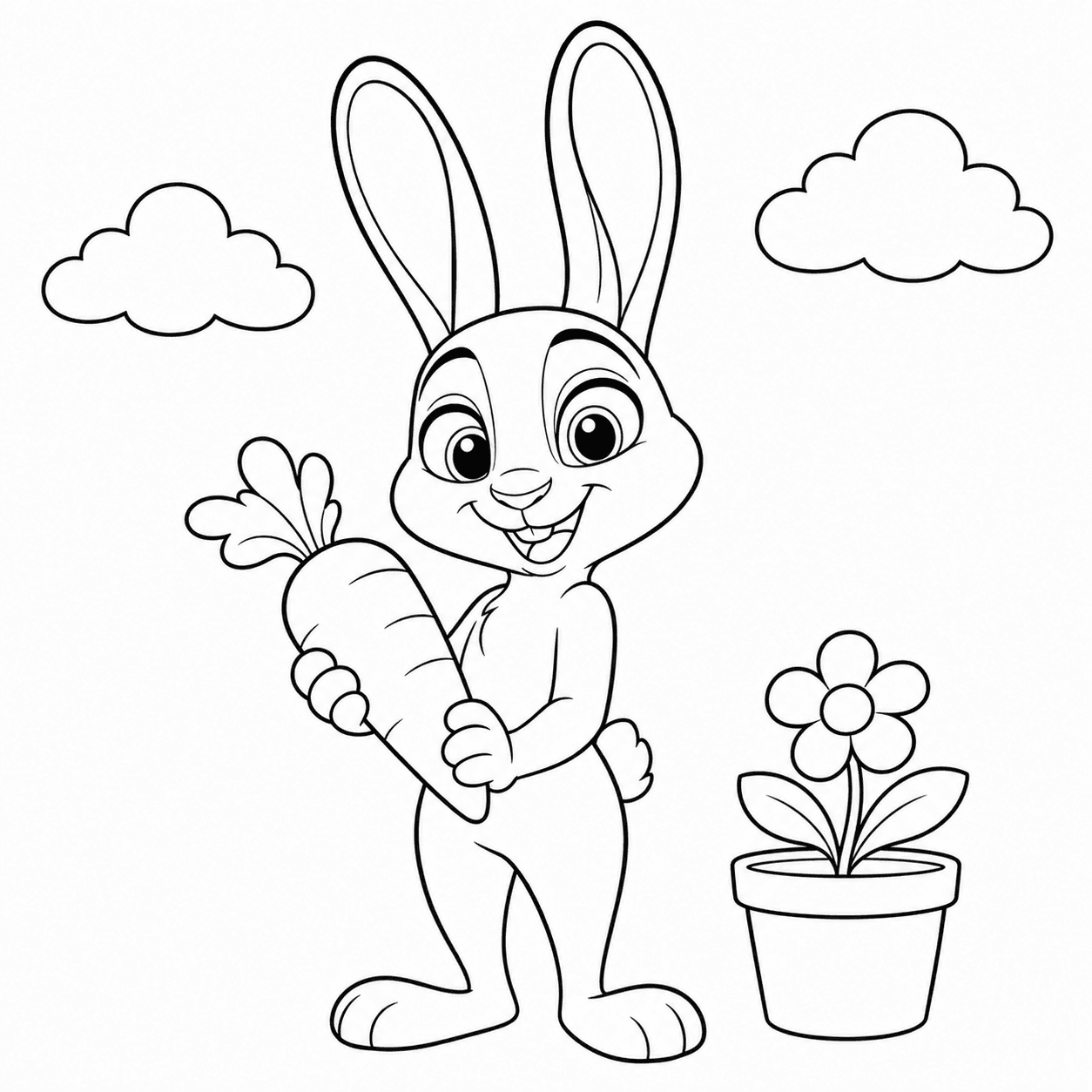Easy Zootopia 2 coloring page of Judy Hopps holding a carrot beside a flowerpot