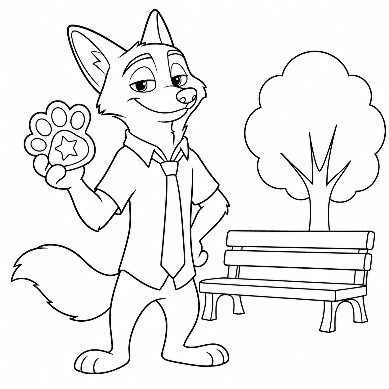 Easy Zootopia 2 coloring page of Nick Wilde holding a paw-print police badge beside a park bench