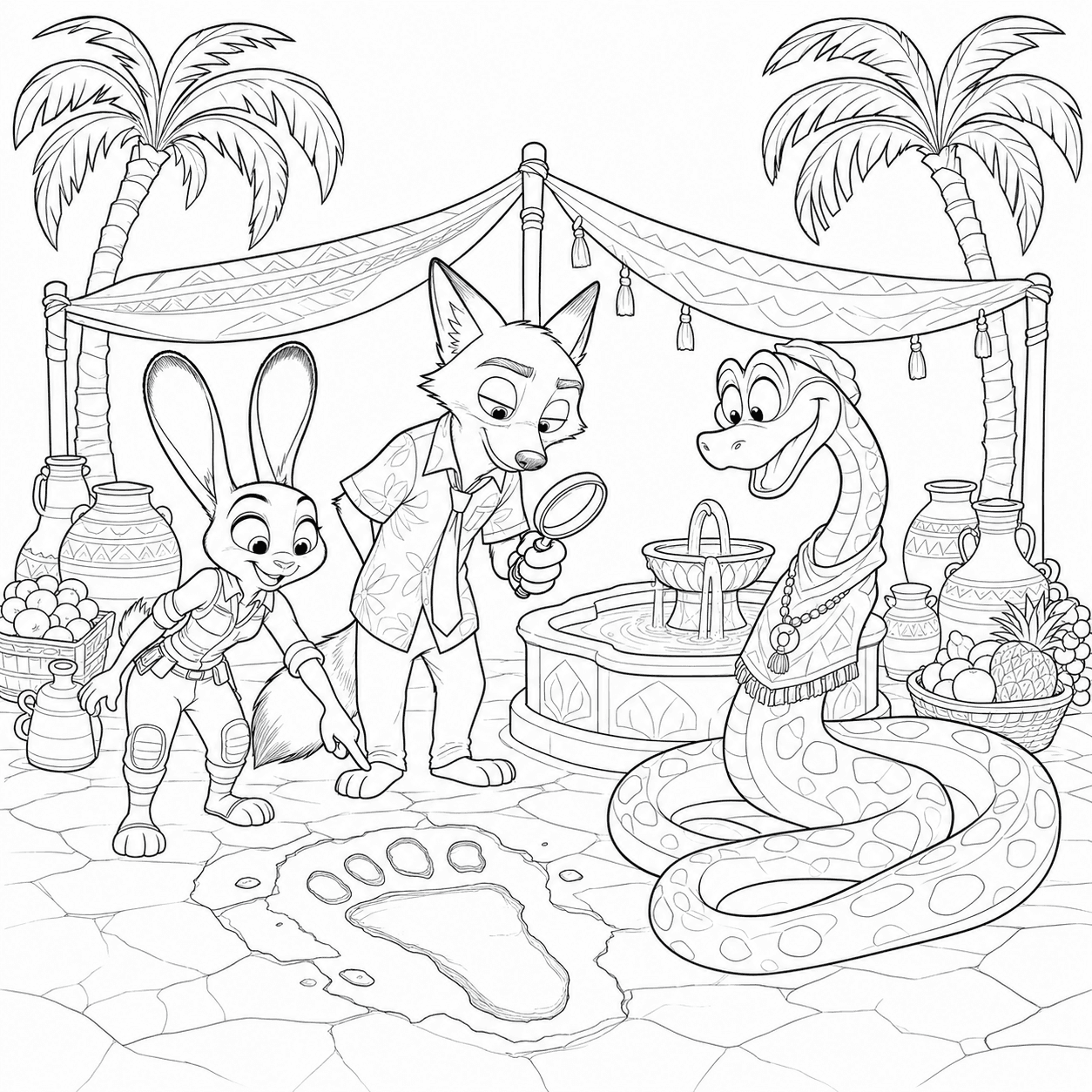 Free printable Zootopia 2 coloring page of Judy Hopps, Nick Wilde and Gary De’Snake investigating a giant animal footprint