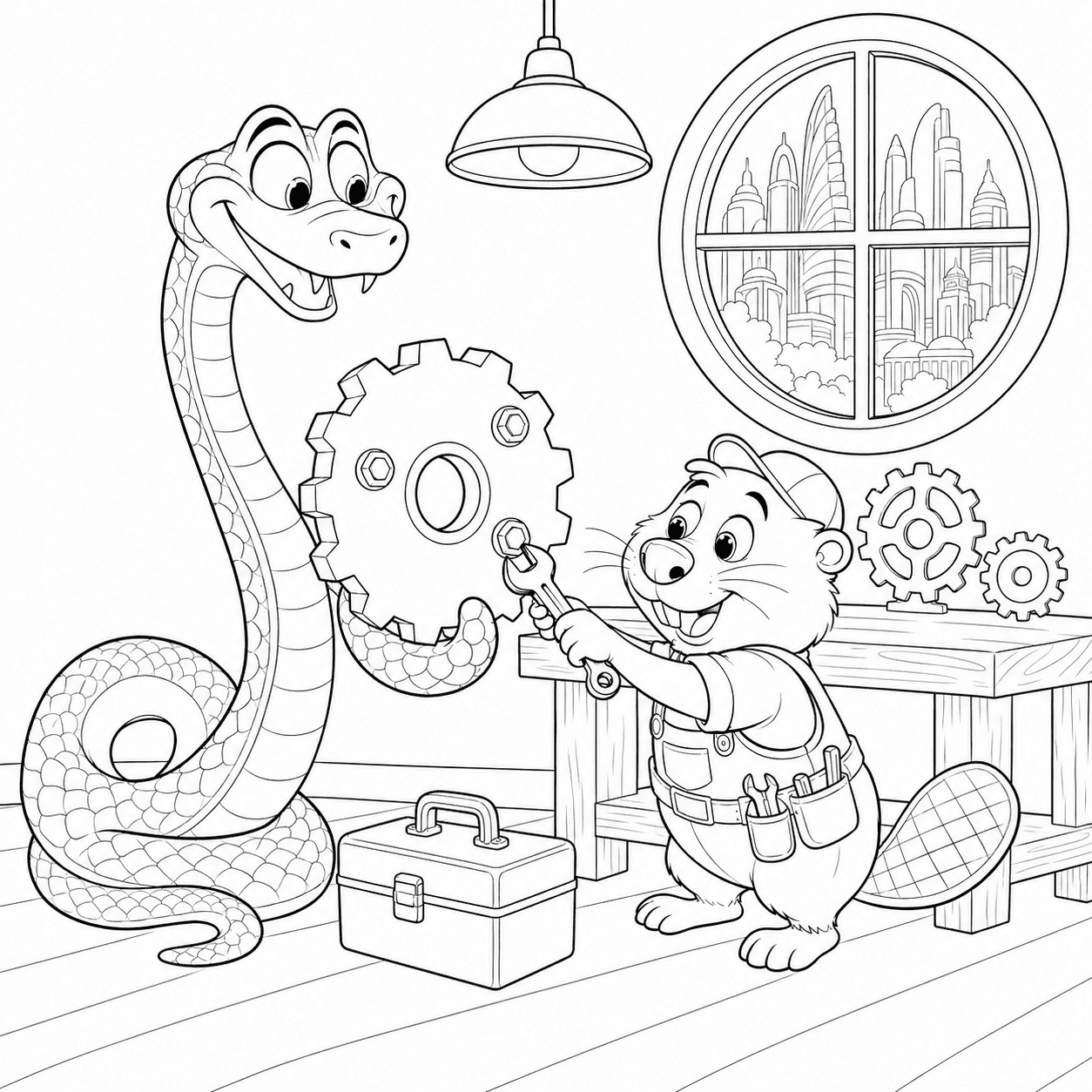 Zootopia 2 coloring page of Gary De’Snake and Nibbles Maplestick repairing a giant gear in the workshop