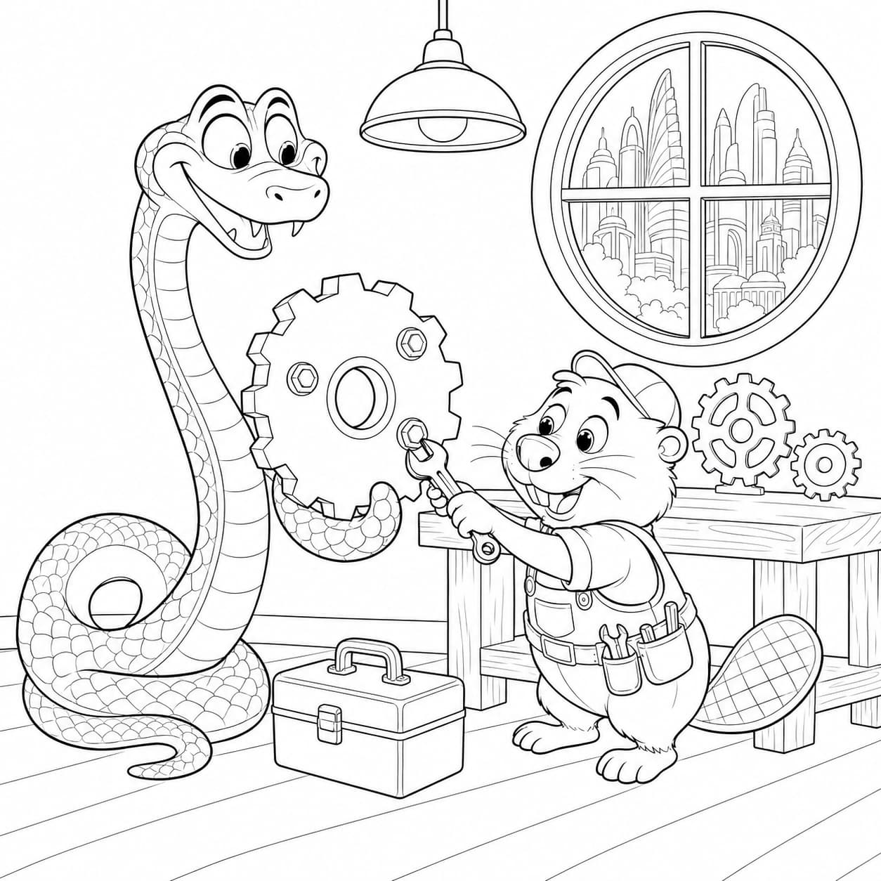 Zootopia 2 coloring page of Gary De’Snake and Nibbles Maplestick repairing a giant gear in the workshop
