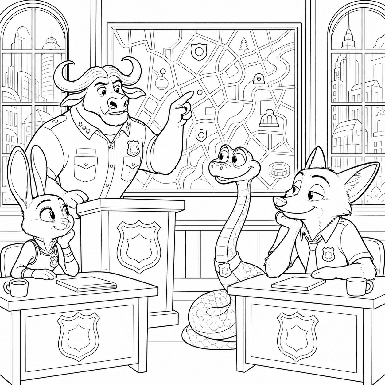 Free printable Zootopia 2 coloring page with Chief Bogo briefing Judy Hopps, Nick Wilde and Gary De’Snake at the police station