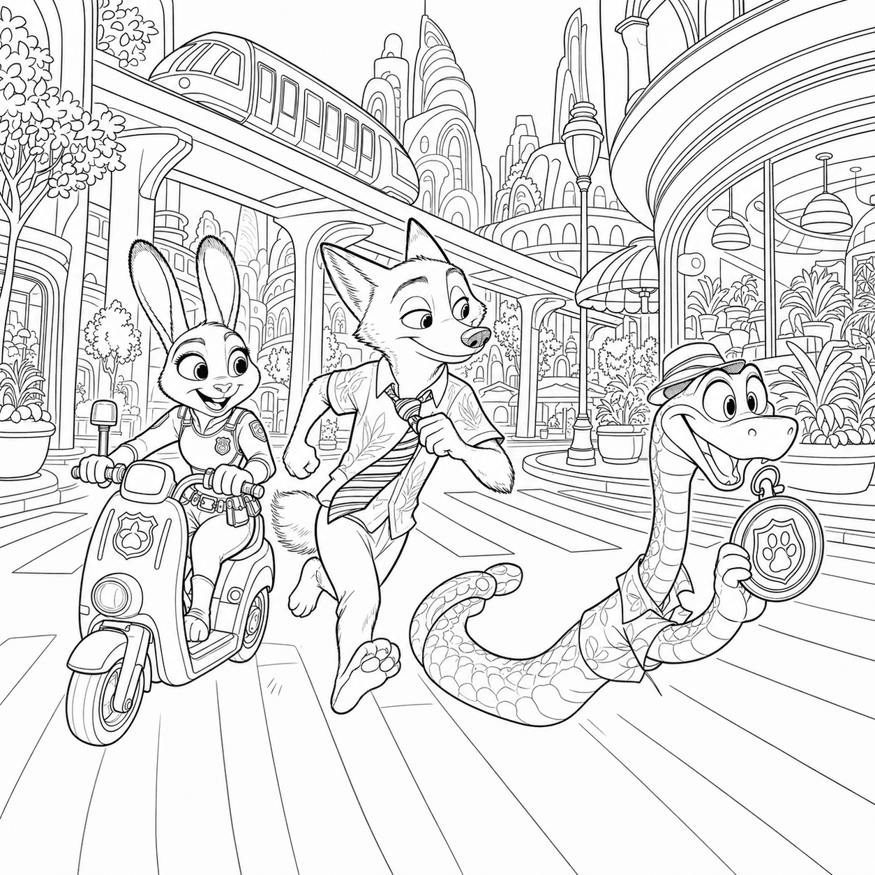 Action Zootopia 2 coloring page of Judy Hopps riding a scooter as Nick Wilde and Gary De’Snake race through the city
