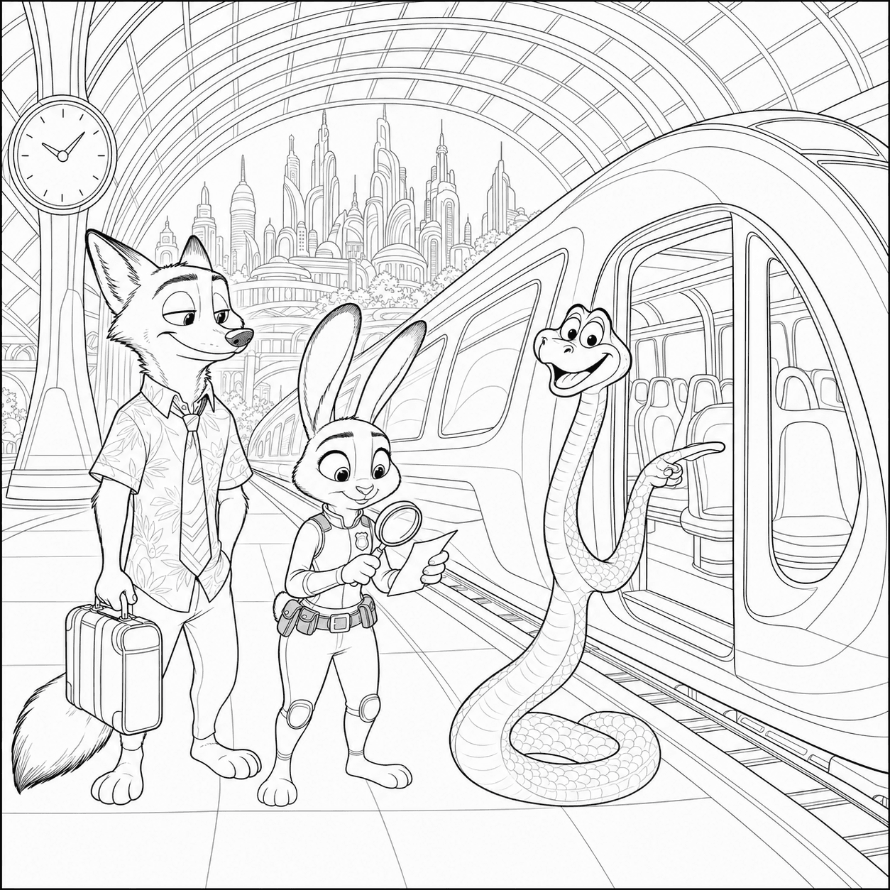 Free printable Zootopia 2 coloring page of Judy Hopps, Nick Wilde and Gary De’Snake boarding a train at a futuristic station
