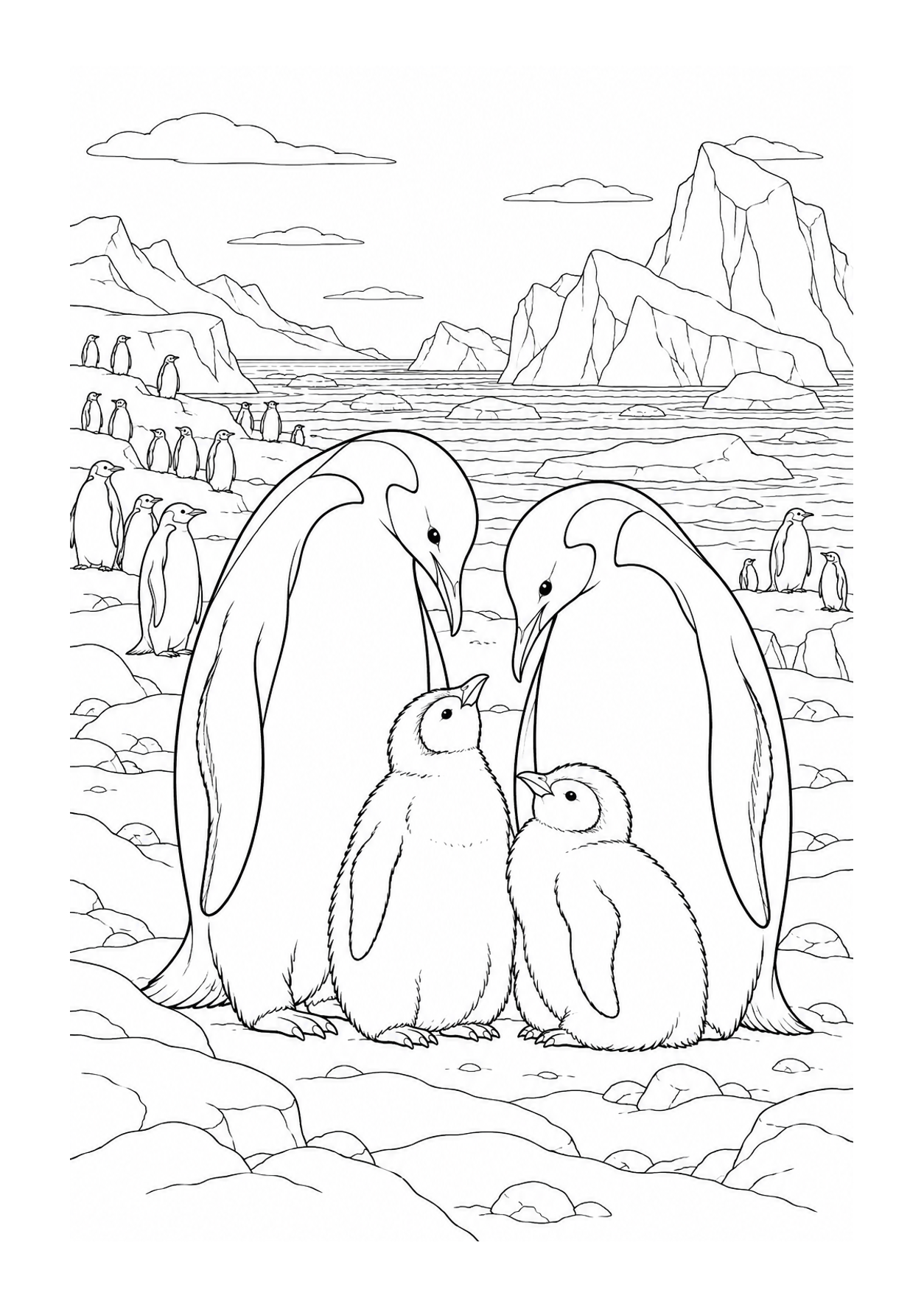 Detailed penguin coloring page of penguin family at an antarctic colony