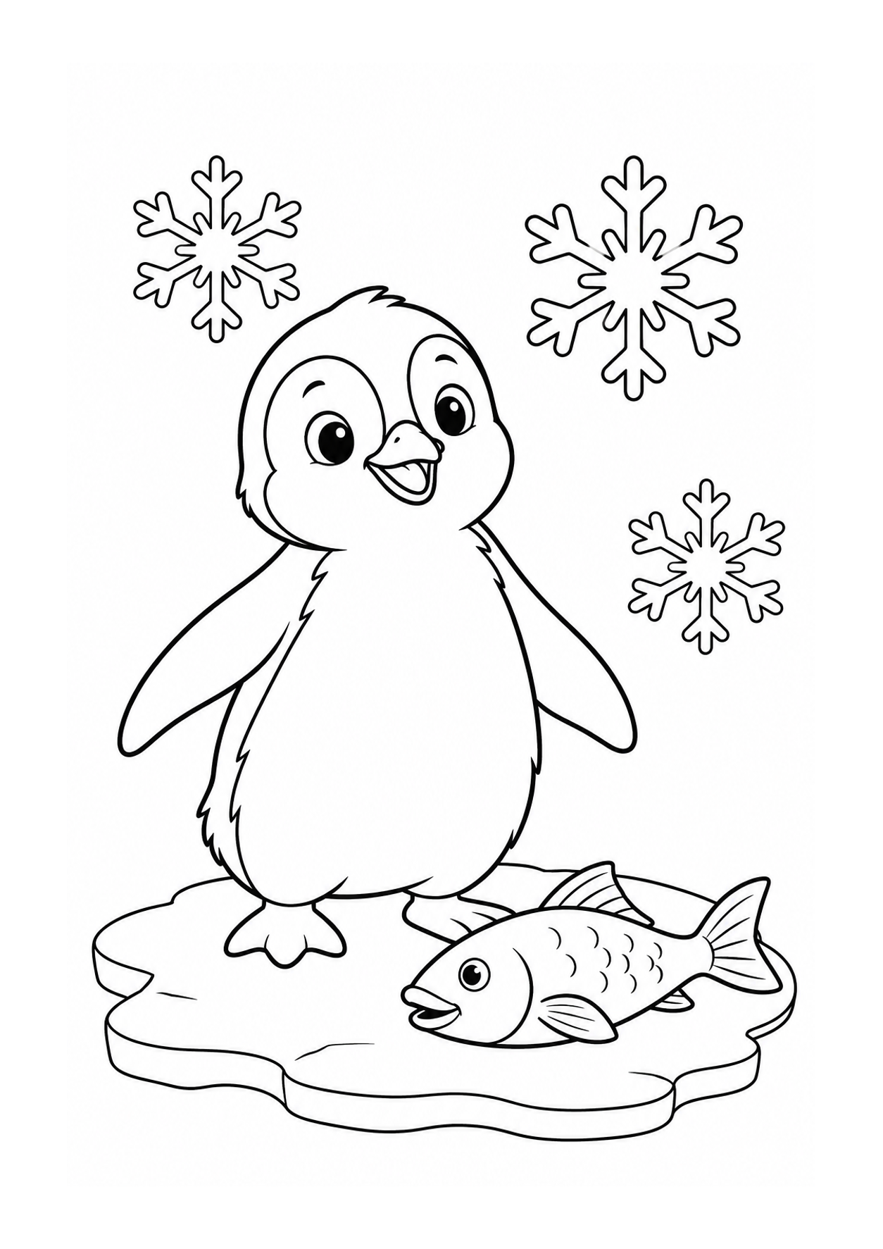Easy penguin coloring page of penguin chick with a fish