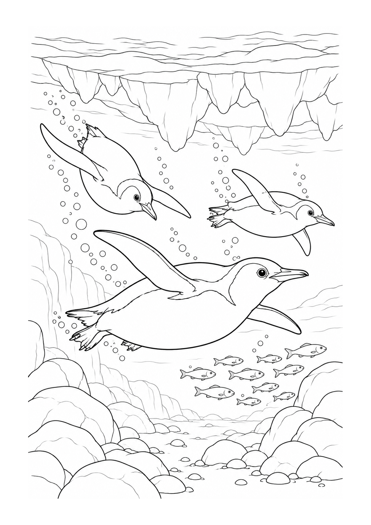 Detailed penguin coloring page of penguins diving beneath the ice