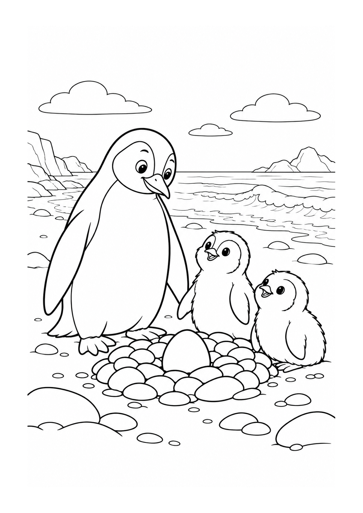 Easy penguin coloring page of penguin beside a pebble nest